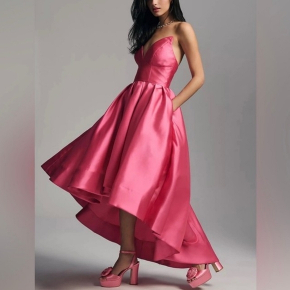 Anthropologie Hutch Sabrina Strapless V-Neck Pleated High-Low Gown Pink Size 4 - Picture 5 of 16